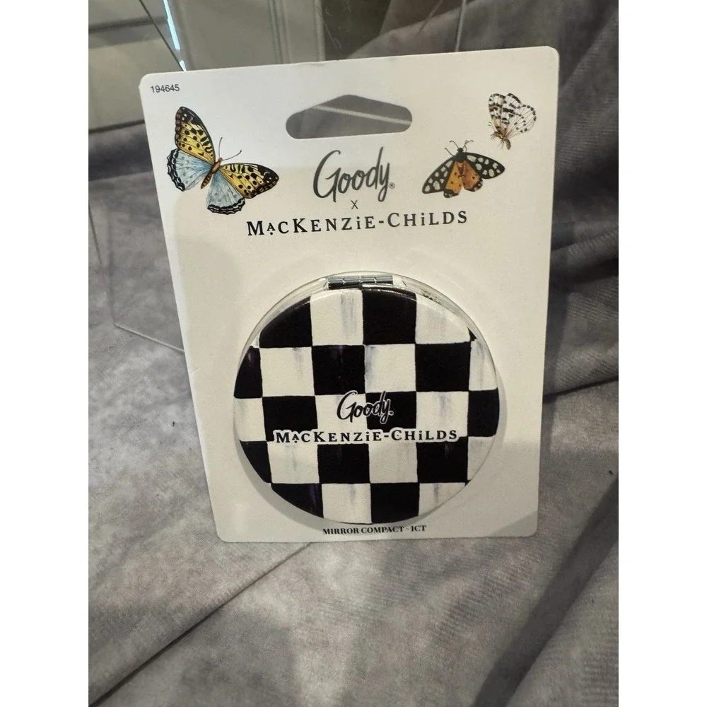Mackenzie Childs Goody Mirror Compact New Black And White Courtly Checks